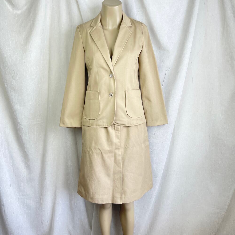 VTG 70’s Russ Petites Khaki Blazer Jacket High Waist Knee Length Skirt Set Sz 4